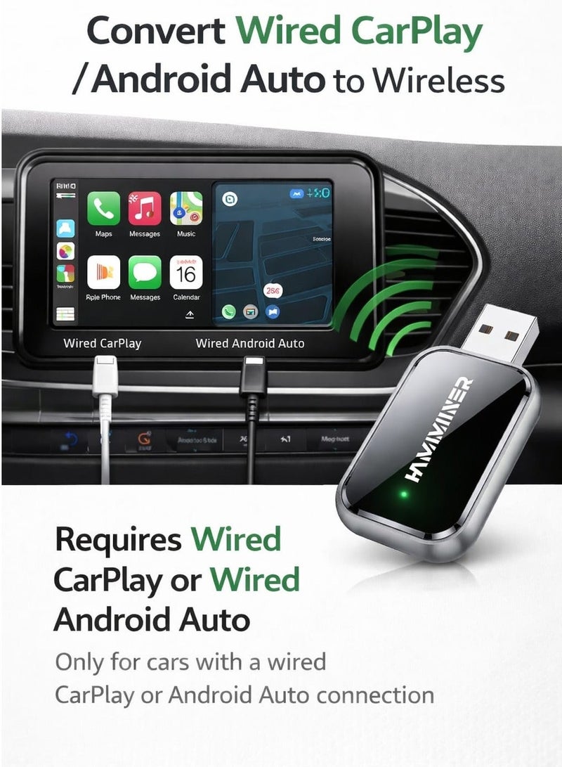 HAMMINER 2-in-1 Wireless CarPlay & Android Auto Adapter Convert Wired to Wireless | No Delay & Stable Control Works Only with Cars Equipped with Built-in Wired CarPlay & Android Auto - Image 2